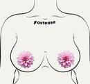 Tropical Pink Dahlia Botanical Flower Breast Pasties showcased on a minimalist torso design for artistic fashion expression.