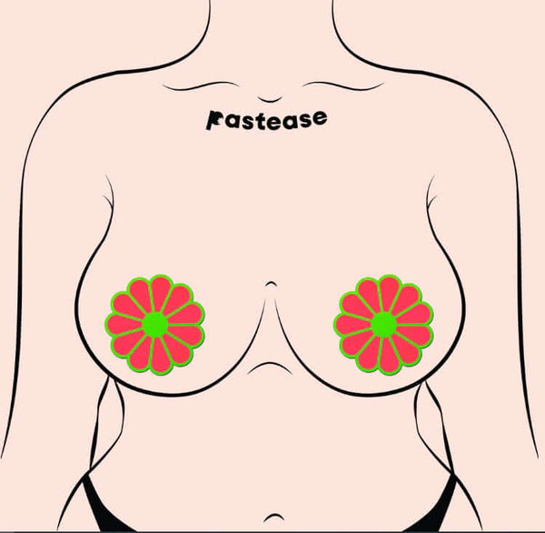 Daisy Neon Green & Glow in the Dark Neon Pink Petal Pasties by Pastease on Model - Vibrant Festival Nipple Covers