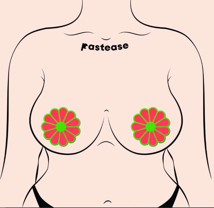 Daisy Neon Green & Glow in the Dark Neon Pink Petal Pasties by Pastease on Model - Vibrant Festival Nipple Covers