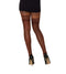 Elegant sheer thigh high stockings with lace tops in espresso brown, styled with black high heels.