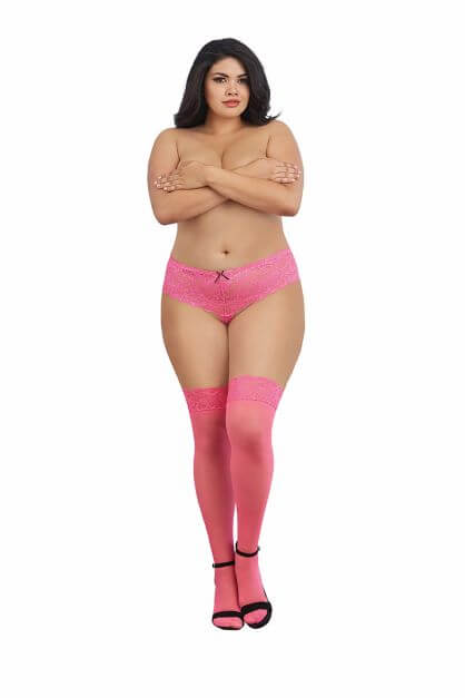 SHEER THIGH HIGH W/ STAY UP LACE TOP HOT PINK Q/S-1