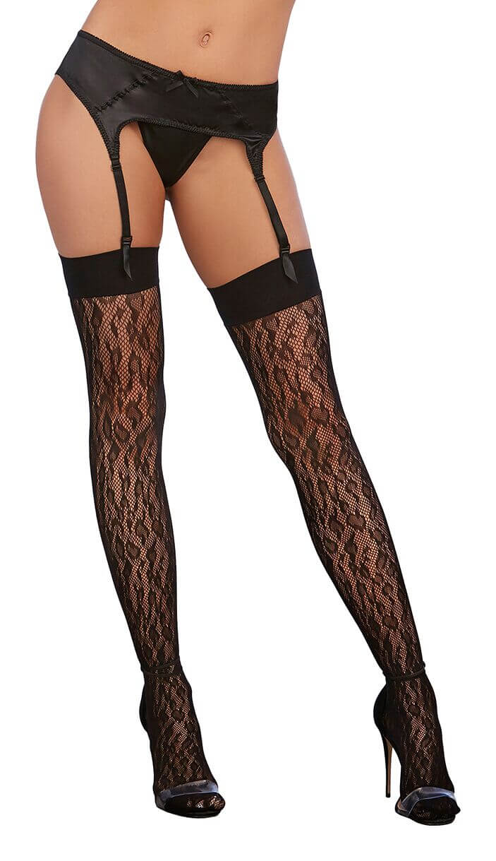 Leopard fishnet thigh high stockings with black lace tops, stylish lingerie featuring a seductive design and high-quality material.