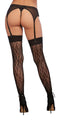 Black leopard fishnet thigh high stockings with lace tops, worn with a garter belt and high heels for a sexy look.