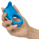 Rumbler Rumble Vibrating Dual Cock Ring Blue held in hand, showcasing the dual-ring design and textured surface.