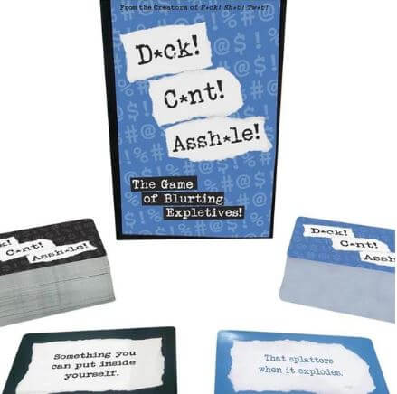 Adult Party Card Game "Dck, Cnt, Assh*le!" with black and blue cards, featuring funny and explicit phrases for a raunchy game night.