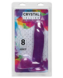 Crystal Jellies 8 Inch Ballsy Cock Realistic Dildo Purple in packaging with geometric background.