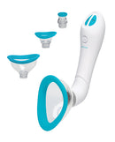 Bloom Intimate Body Automatic Vibrating Pump Sky Blue White with interchangeable heads for stimulation.