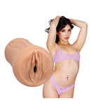 Signature Strokers ULTRASKYN Pocket Pussy Jane Wilde Vanilla realistic stroker on the left and Jane Wilde posing on the right.