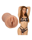 Signature Strokers ULTRASKYN Pocket Pussy Zoey Luna Vanilla in realistic design with model for scale.