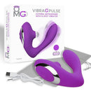 OMG Vibra G Pulse Clitoral Massager with G-Spot Vibrator in purple, packaging included, USB charging cable shown.