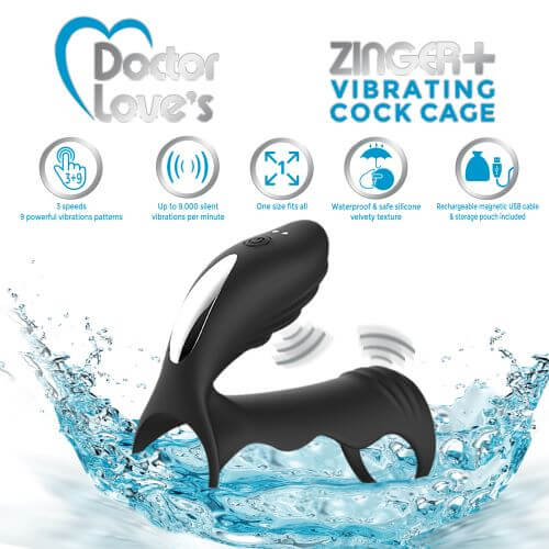 DOCTOR LOVE ZINGER+ VIBRATING RECHARGEABLE COCK CAGE BLACK-3