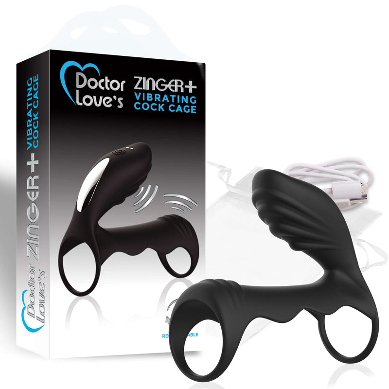 DOCTOR LOVE ZINGER+ VIBRATING RECHARGEABLE COCK CAGE BLACK-0
