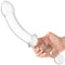 Person holding the Gläs 12.5 Inch Girthy Double Sided Dildo with Handle, featuring a curved head and a handle with anal beads.