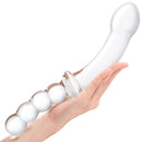 Hand holding Gläs 12.5 Inch Girthy Double Sided Dildo with Handle and Anal Beads, featuring a clear curved design.