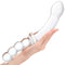 Hand holding Gläs 12.5 Inch Girthy Double Sided Dildo with Handle and Anal Beads, featuring a clear curved design.