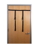 Edge Adjustable Door Restraints Black mounted on a wooden door, showcasing its adjustable straps and secure anchor points.
