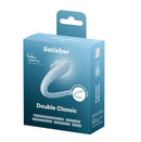 Satisfyer Double Classic Partner Vibrator Blue packaging featuring waterproof and rechargeable design for couples.