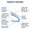Satisfyer Double Classic Partner Vibrator Blue product features diagram highlighting design and functionality.