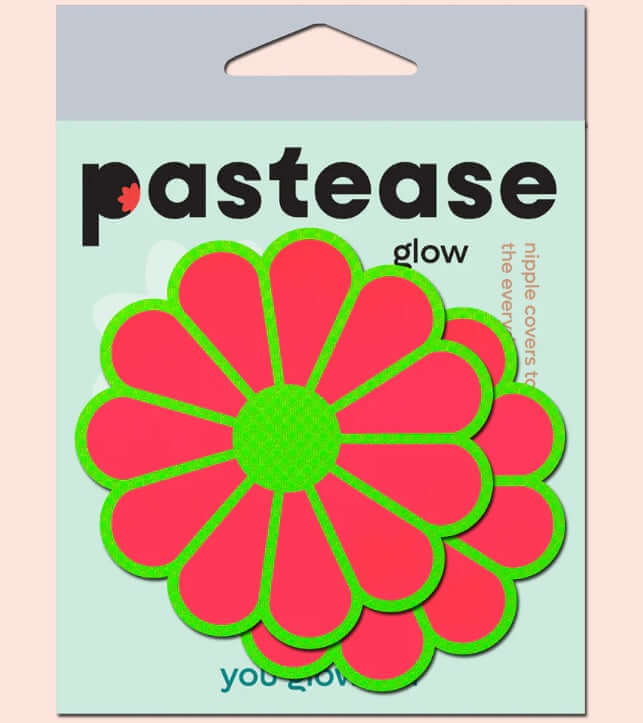 Daisy Neon Green & Glow in the Dark Neon Pink Petal Pasties by Pastease® in packaging - vibrant festival nipple covers.