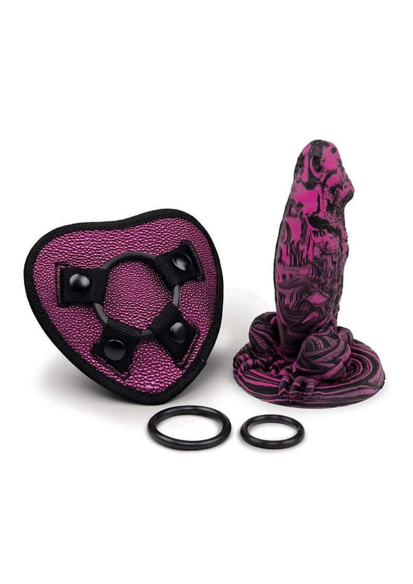 WhipSmart Dragon's Lair Harness Kit with 7-inch Dragon Dildo, featuring fantasy-inspired texture and adjustable straps.
