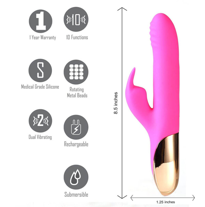 Maia Toys Super Charged Pink Rabbit Vibrator, 10 functions, rechargeable, waterproof, medical grade silicone, 8.5 inches long.