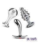 Dr Tush's Tools of Temptation Small Anal Plug Set Metal featuring three polished metal plugs for versatile exploration.
