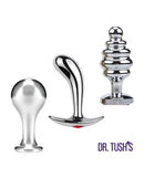 Dr Tush's Tools of Temptation Small Anal Plug Set Metal featuring three polished metal plugs for versatile play.