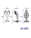 Image of Dr Tush's Tools of Temptation Small Anal Plug Set Metal, featuring three distinct metal plugs with measurements.