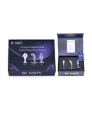 Dr Tush's Tools of Temptation Small Anal Plug Set Metal in elegant packaging with three unique plug shapes.
