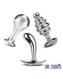 Dr Tush's Tools of Temptation Medium Anal Plug Set Metal featuring three polished metal plugs.