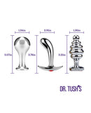 Dr Tush's Tools of Temptation Medium Anal Plug Set Metal dimensions showcasing polished metal plugs for luxury pleasure.
