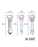 Dr Tush's Hearts of Pleasure Collection Anal Plug Set Glass featuring three unique hand-crafted designs.