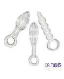 Dr Tush's Halo of Pleasure Collection Anal Plug Set Glass showcasing three unique glass plugs.