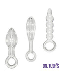 Dr Tush's Halo of Pleasure Collection Anal Plug Set Glass featuring three distinct glass plugs for playful exploration.
