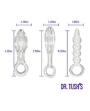 Image of Dr Tush's Halo of Pleasure Collection Anal Plug Set Glass with measurements and designs of three plugs.