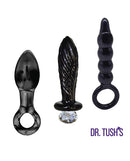 Dr Tushs Dark Curiosity Collection Anal Plug Set Glass featuring sleek black borosilicate glass plugs.