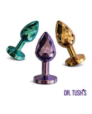 Dr Tush's Dragon Pearls Collection Anal Plug Set Metal features a trio of faceted metal plugs in teal, purple, and gold.