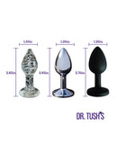 Dr Tush's First Step Anal Plug Set Glass Metal Silicone showing three distinct plugs with measurements.