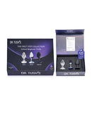 Dr Tush's First Step Anal Plug Set Glass Metal Silicone packaging displaying three distinct anal plugs.