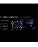 Dr Tush's Bad Decisions Collection Anal Plug Set Metal showcasing three unique shapes in premium materials.