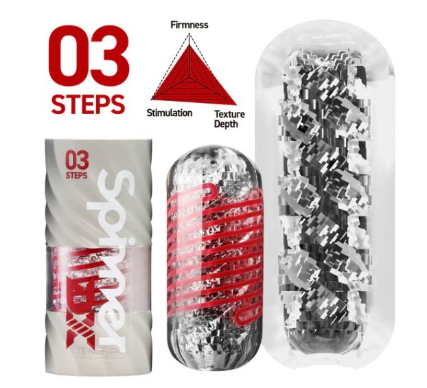 Tenga Spinner DX 03 Stroker illustrating innovative texture and firmness features in packaging.