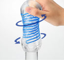 Person using the Tenga Spinner DX 01 Drops Stroker with a blue spiral design, showcasing its dynamic stimulation features.
