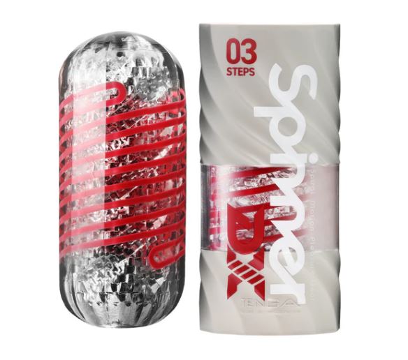 Tenga Spinner DX 03 Stroker packaging featuring innovative spiraling pleasure design and bold textures.
