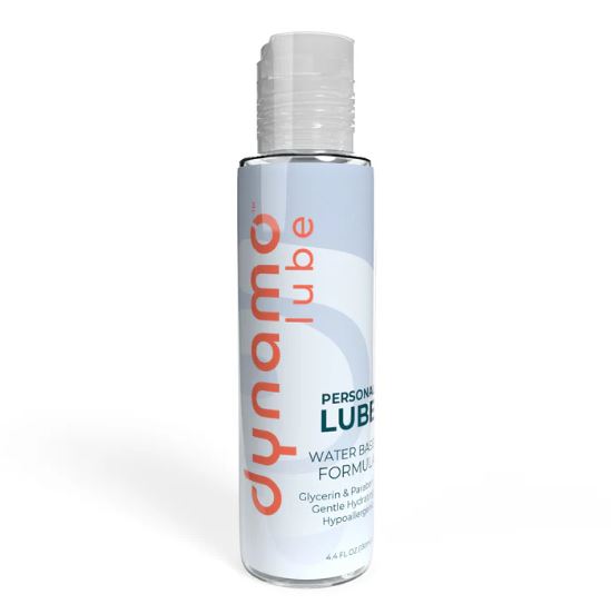 Dynamo Lube Water-based Formula 4.4 Oz bottle with a sleek design for enhanced intimacy and pleasure.