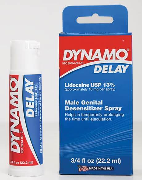 Dynamo Delay spray for men, featuring lidocaine desensitizer for improved control in intimate situations.