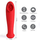 Destiny Red Sucking Clitoral Stimulator showing dimensions and features like suction patterns and rechargeable functions.