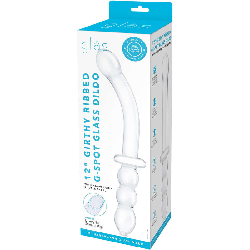 Gläs 12 Inch Girthy Ribbed G-Spot Glass Dildo with Handle Grip packaging