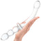 Gläs 12 Inch Girthy Ribbed G-Spot Double Ended Glass Dildo with Handle Grip held in hand