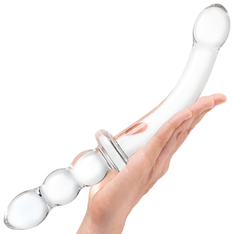 Gläs 12 Inch Girthy Ribbed G-Spot Double Ended Glass Dildo with Handle Grip held in hand