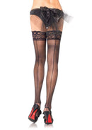 Leg Avenue Stay Up Sheer Thigh Highs Black One Size with lace top and backseam, paired with high heels.